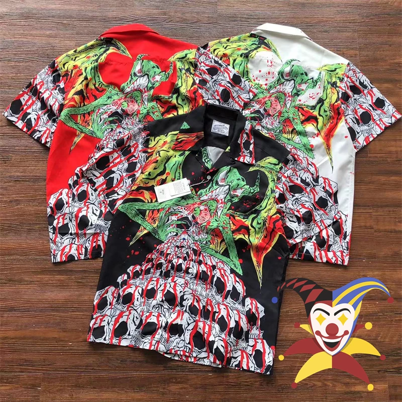 

Hawaii Beach Style Skull Print Wacko Maria Shirts Men Women Tag Loose Pocket Lapel Shirt Top