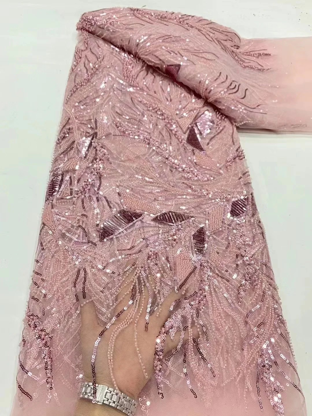 

High Quality Lace Fabric 5 Yards 2023 Nigerian Beaded Tulle Embroidery Lace for Wedding Party Dress Dubai Fabric Material