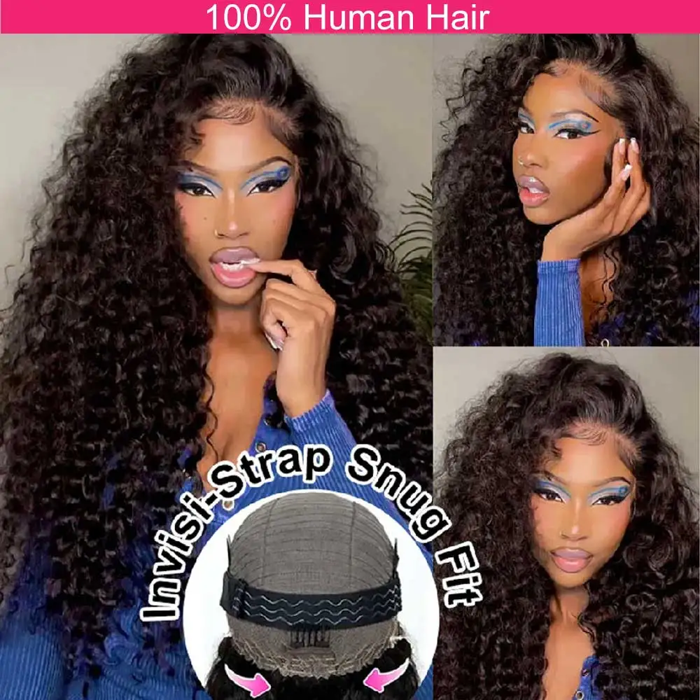 Invisible Strap 360 Full Lace Glueless Wig Hidden Drawstring Deep Wave Frontal Wig 30 Inch Water Wave Lace Front Wig Human Hair