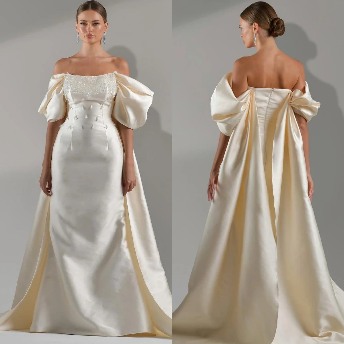 

Off the shoulder Prom Dresses Exquisite Celebrity Sequin Fold Satin Saudi Arabia Wedding Party Occasion Evening Gown for women