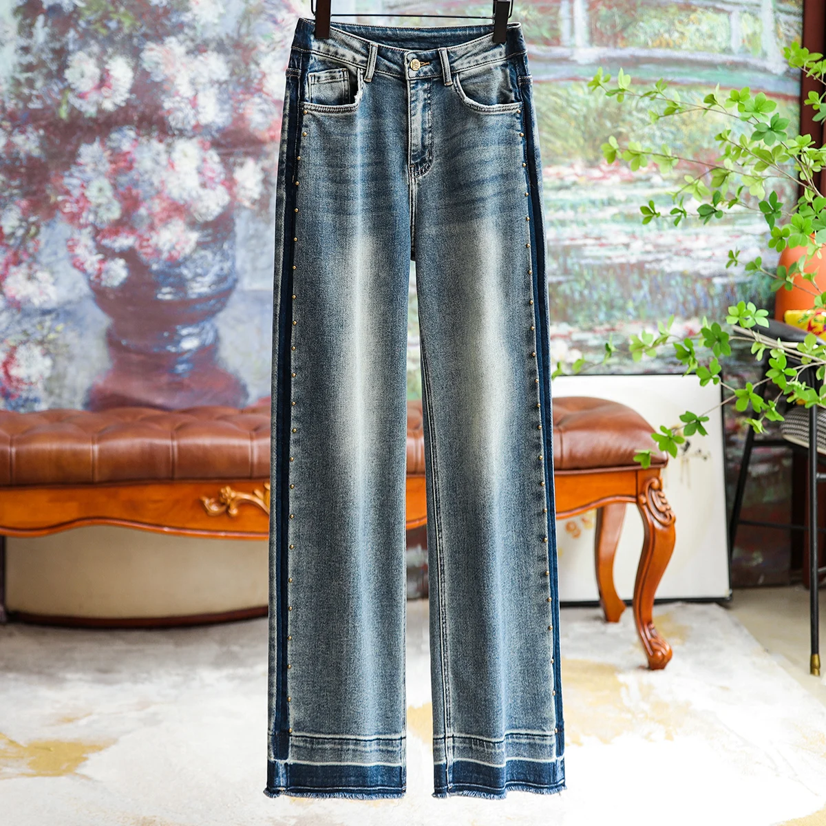 

Autumn 2023 Color Collision Micro Broad Leg Straight Jeans Female Personality Design Splicing Pants Fashion Temperament Trousers