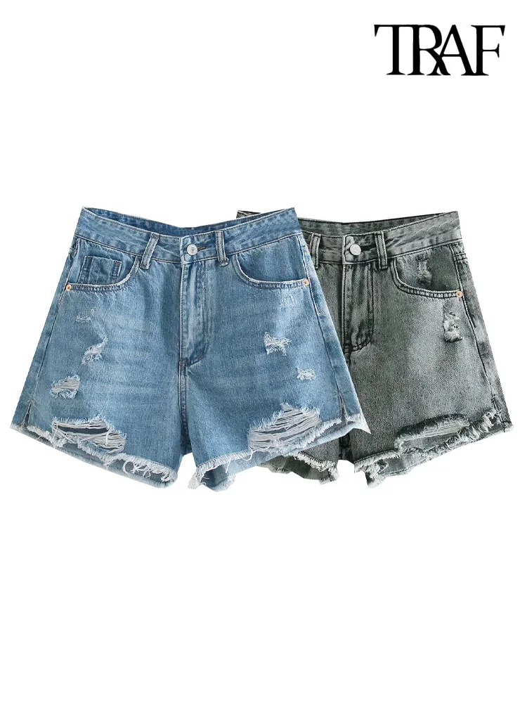 

TRAF Women Fashion With Frayed Tassel Ripped Denim Shorts Vintage Mid Waist Zipper Fly Female Short Jeans Mujer