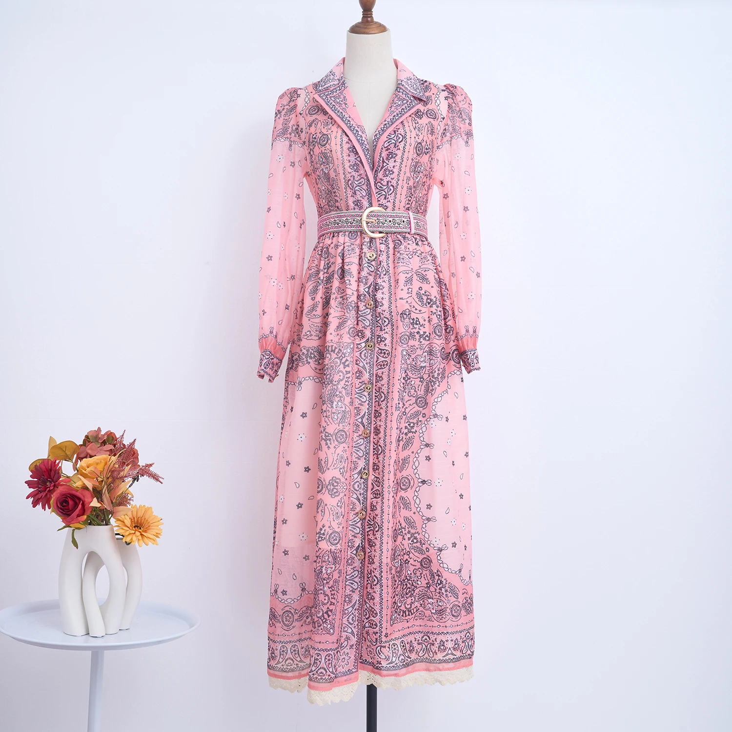 

Женское шифоновое платье с поясом и длинным рукавом, голубое платье составного кроя с оборками и отложным воротником, с кружевным принтом, 2024