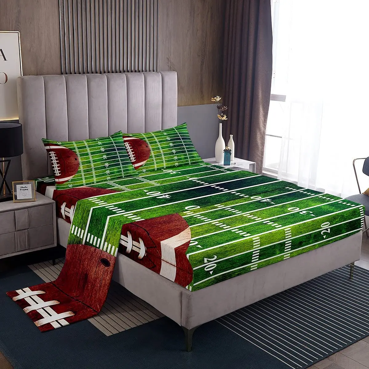 

American Football Bed Sheets Set for Boy Bedroom Decor,Sport Games Fitted Sheet American Football Field Illustration Bedding Set