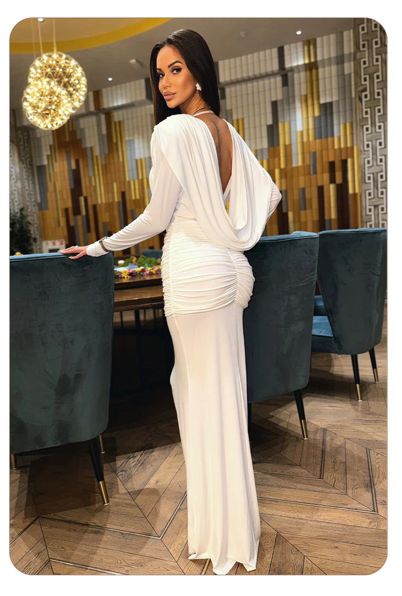 PB Elegantes weißes, langärmliges, drapiertes Meerjungfrauenkleid mit V-Ausschnitt für Frauen, gerüscht, elegante Abendparty, schwingender Kragen, langes Damenkleid – Detail 15