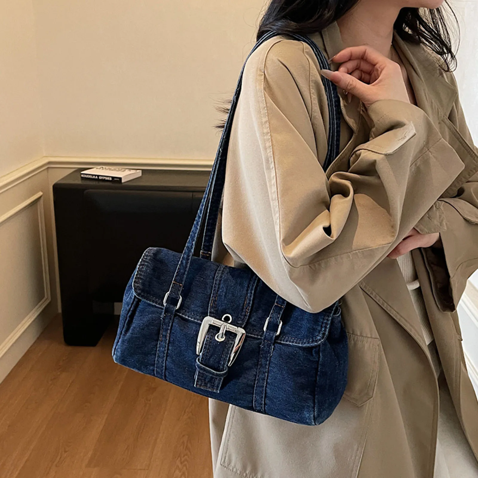 Denim Square Shoulder Bags Solid Color Hobo Handbag with Top Handle Shoulder Handbags for Women Travel Shopping Daily Use