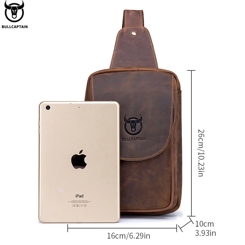 BULLCAPTAIN Men's Crossbody Bags Crazy Horse Leather Chest Bag's Leather Crossbody Bages Retro Men's Zip Pocket Short Travel Bag