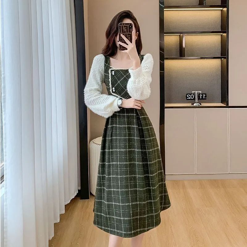 

Long Dresses for Party Autumn Winter 2024 Green Plaid Women's French Vintage Dress Occasions Formal Korean Ladies Dressess