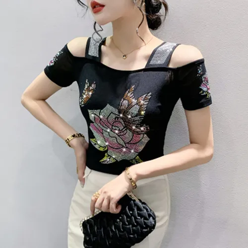 M-3XL 오프 숄더 섹시 티셔츠, 빛나는 다이아몬드 메쉬 탑, 올 매치 티 블라우스, 유럽 여아 패션, 신제품, 여름 4