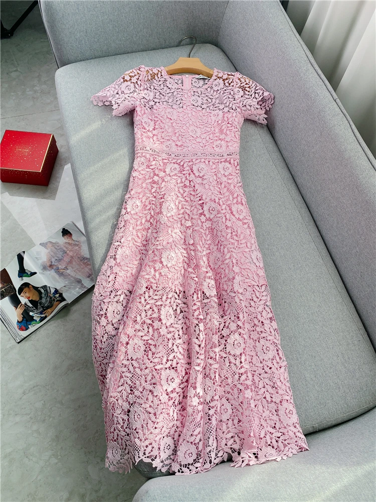 

High Quality Runway Designer Dress Women Elegant Pink Hollow Out Lace Dresses 2023 Summer O-neck Irregular Vestidos Longos