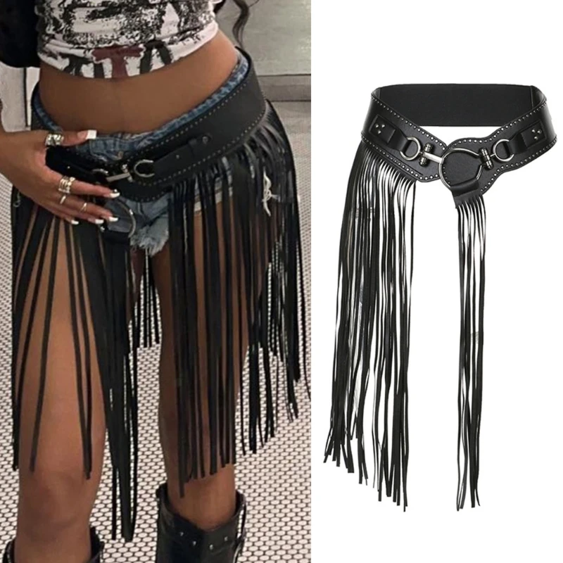 

Women Goth Punk Tassels Wide Belt Cowgirl Body Jewelry Lady Vintage Studded Belt for Jeans Dress Skirt Waistband Party Clubwear