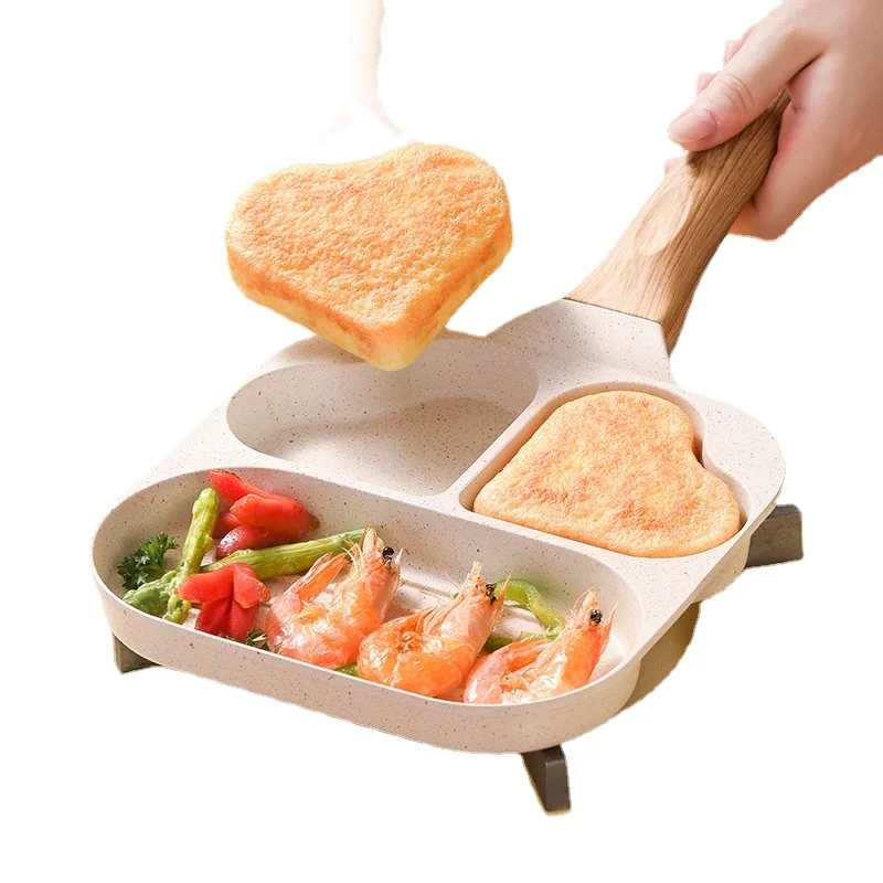 

3 in 1 Heart-shaped Bacon Pancake Pan with Mold Breakfast Pan with Two Holes for Eggs and Hamburgers