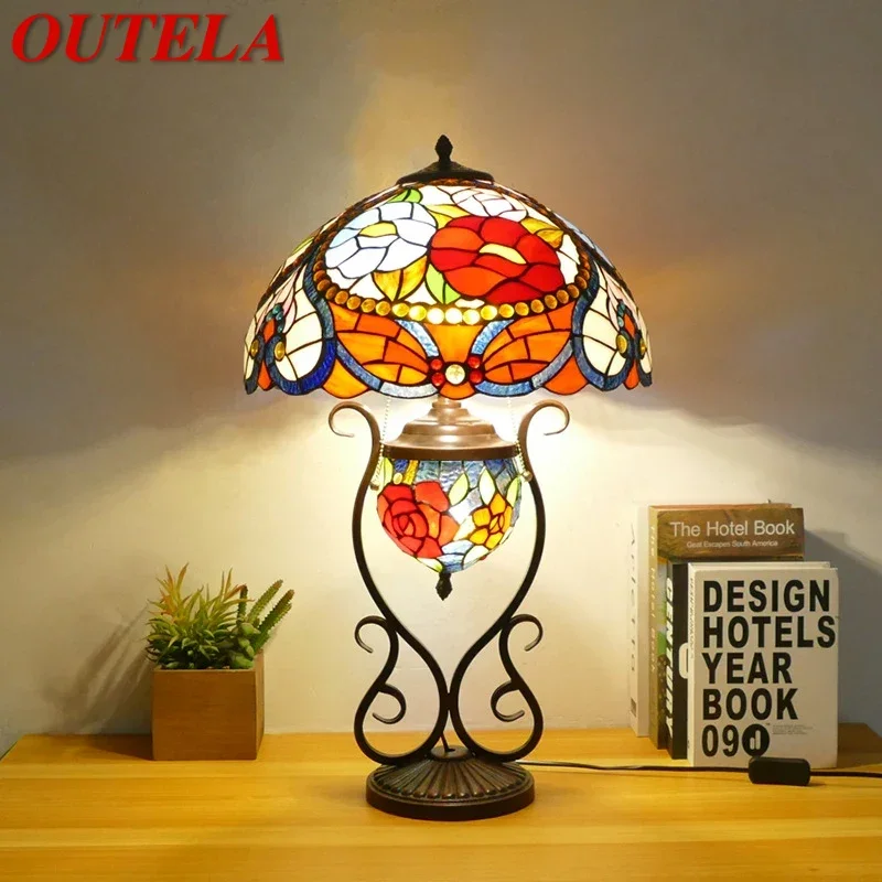 

OUTELA Tiffany Table Lamp American Retro Living Room Bedroom Lamp Luxurious Villa Hotel Stained Glass Desk Lamp