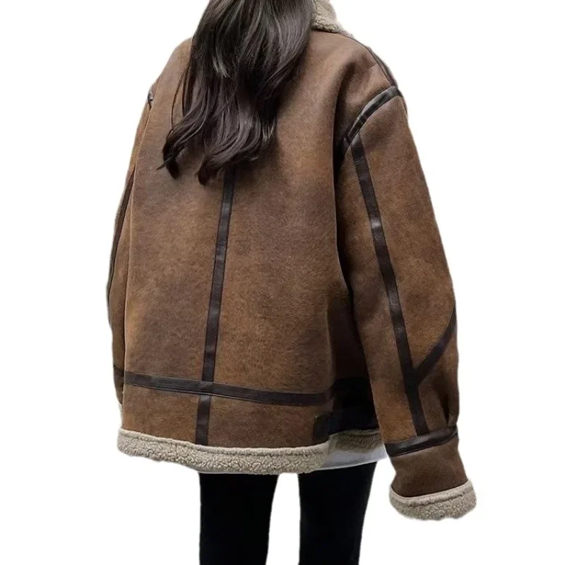 Winter Sheepskin Coat Faux Fur Suede Leather Women Warm Lamb Shearling Jacket Zipper Moto Biker Long Sleeve Short Casual Outwear