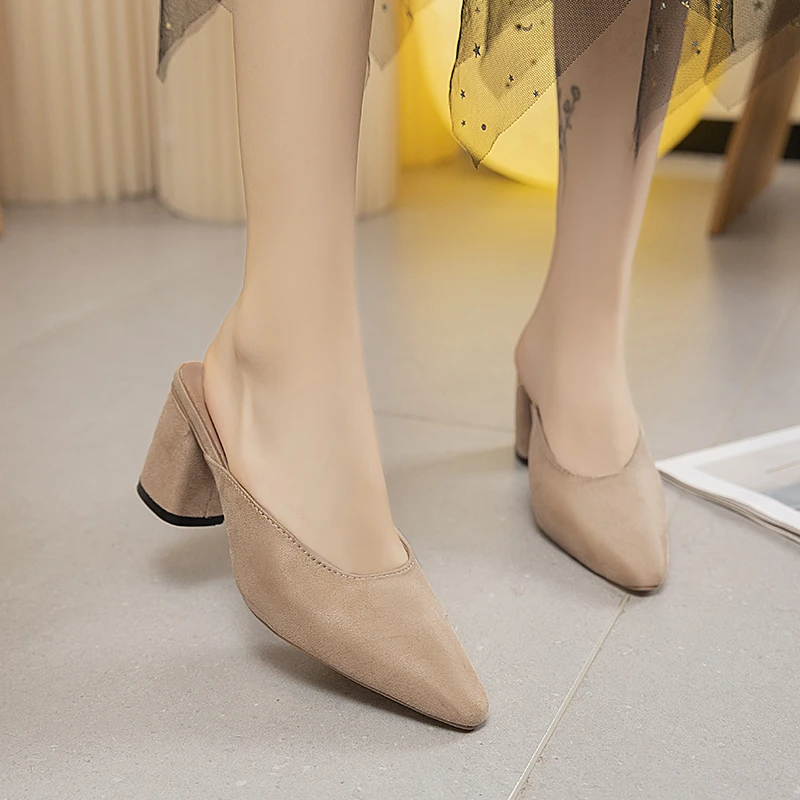 

Women's natural suede leather thick med heel pointed toe slip-on mules spring summer new slides casual sandals shoes for women