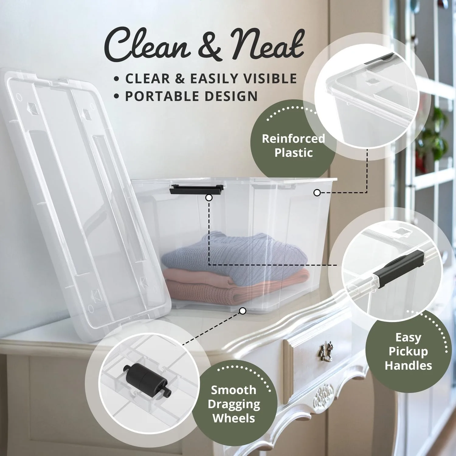 Organizing Container with Ultra Durable Lid and Secure Latching Buckles, Stackable Extra Strength Clear with Black Handle 3