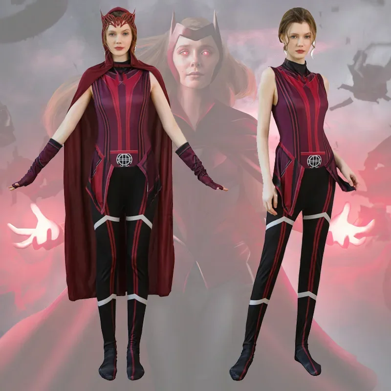 

P-Jsmen Female Wanda Maximoff Cosplay Costume Scarlet Witch Headwear Cloak and Pants Full Set Outfit Halloween Accessories Props