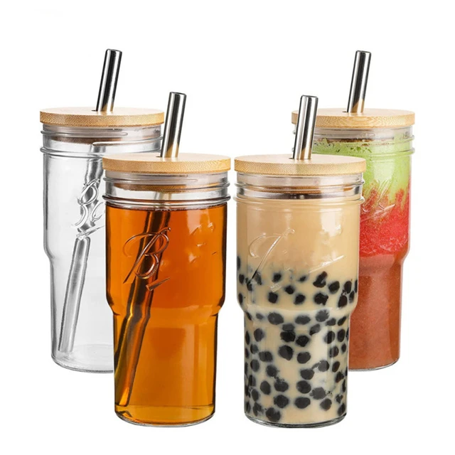 Glass Cup With Straw and Bamboo Lid Transparent Bubble Tea Cup Cold  Drinking Glasses Iced Coffee Mug Beer Can Juice Milk Cup - AliExpress