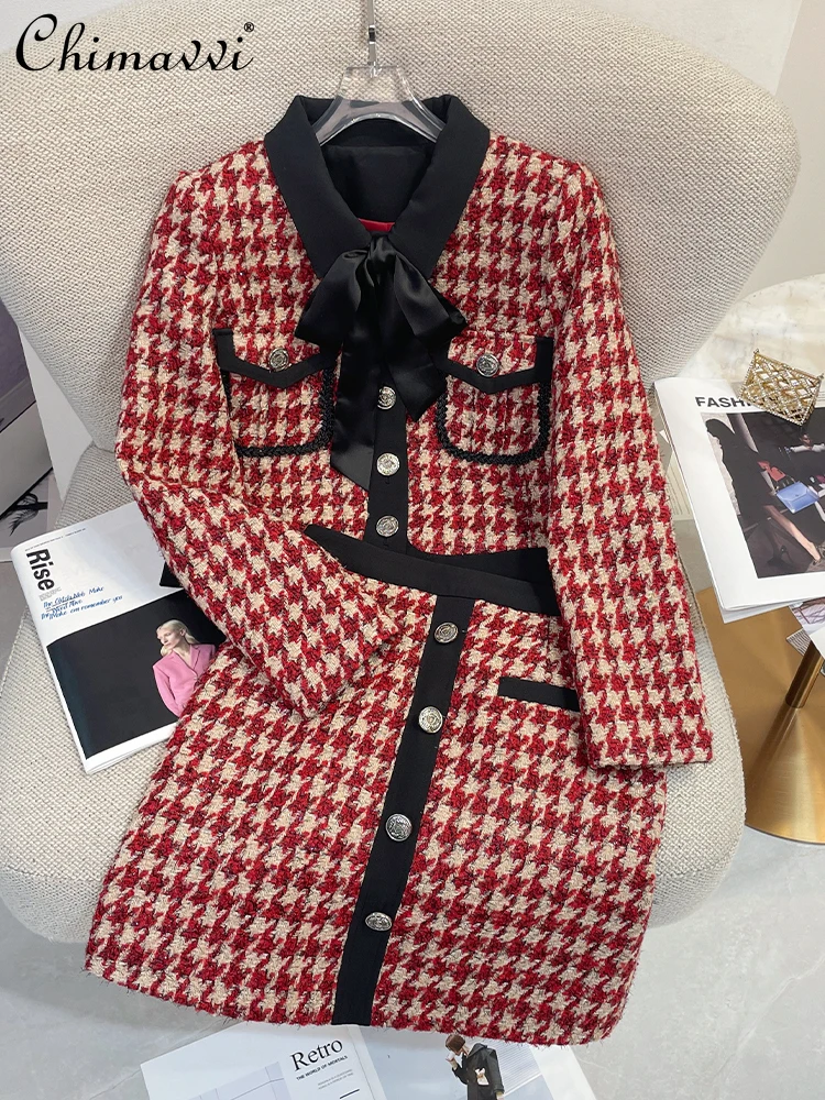 

Office Lady Two-Piece Set Autumn Clothes Fashion Long-Sleeved Woolen Coat Skirts Elegant Socialite High-end Houndstooth Outfits