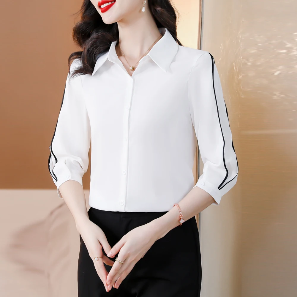 

New Women Shirt Classic Chiffon Blouse Female Vintage 3/4 Sleeve Shirt Lady Simple Style Office Work Wear Tops Clothes Blusas