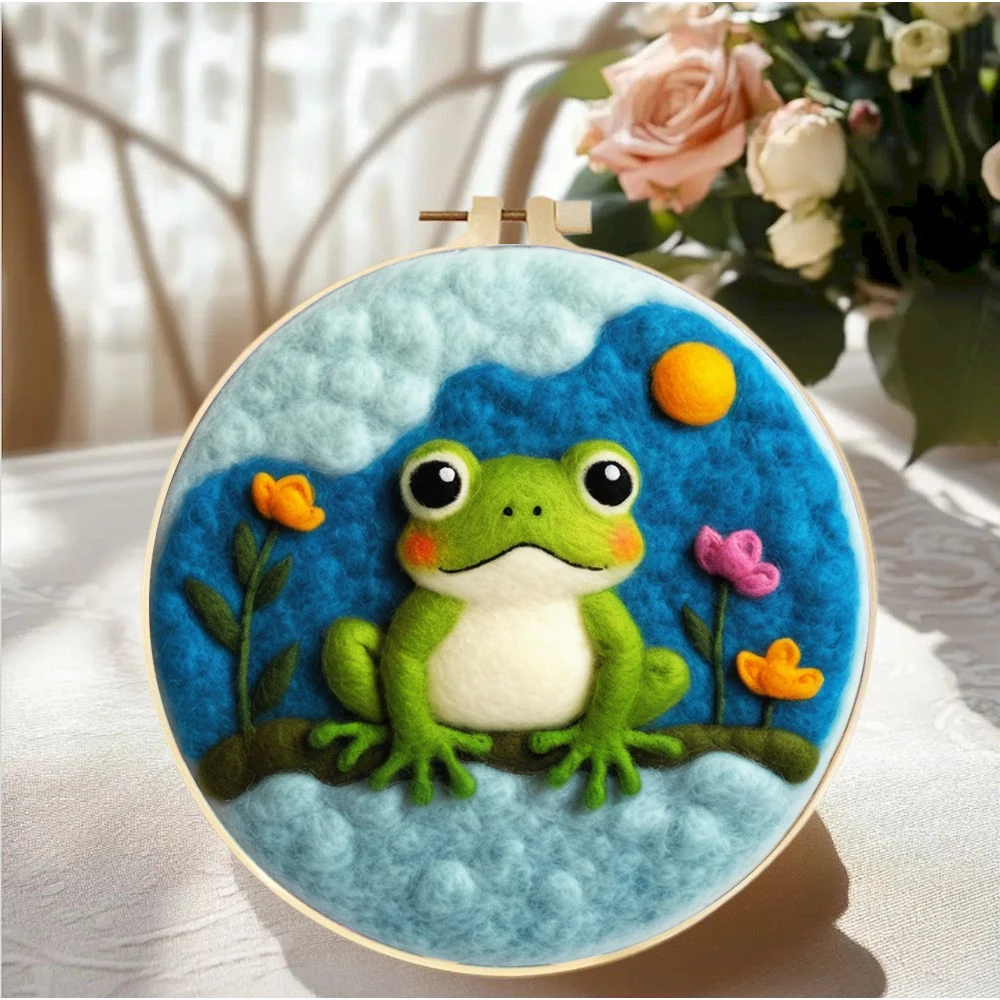 Lotus Frog Needle Felt Starter Kits For Adults Diy Wool Felting Painting Beginners Kit Embroidery Frame Wool Needlework Crafts