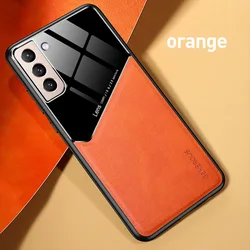Leather Magnetic Car Holder Phone Case with TPU Soft Frame - Enhanced Protection Cover - S21 FE 5G (Orange)