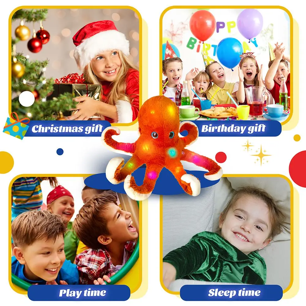 45cm Red Cute Octopus Doll Cotton Plush Toys LED Light Luminous Pillows Glowing Stuffed Animals Musical Gift for Kids Birthdays