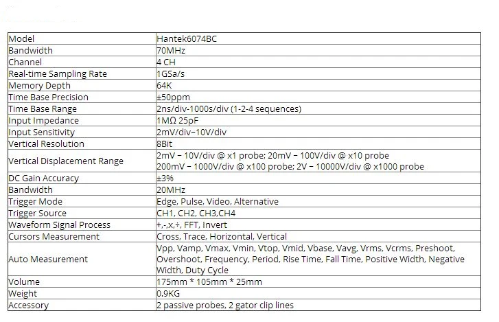 Description Picture 2 of itemOscilloscopes Hantek 6074BE Digital Storage Oscilloscopes PC USB Portable Oscilloscopes 2.0 Interface 4CH 70MHZ Support WIN10