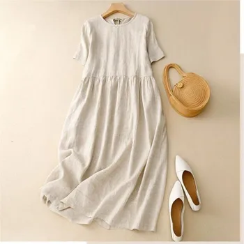 Summer Cotton Linen Blended Thin And Breathable Dress Women Literary Big Swing Short Sleeve Solid Loose Casual Female Dresses 1