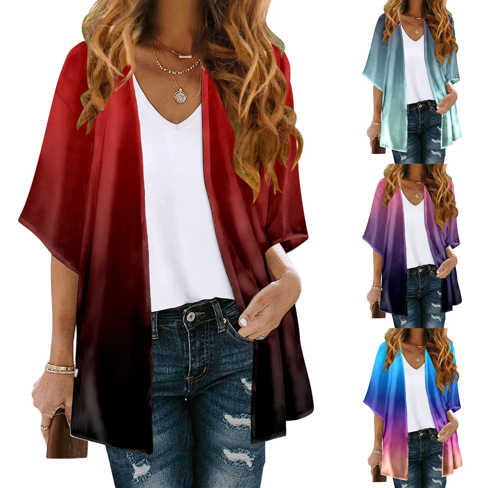 

Women Floral Print Three Quarter Sleeve Kimono Cardigan Loose Cover Up Beachwear Retro Pullovers Camisas De Hombre Baggy