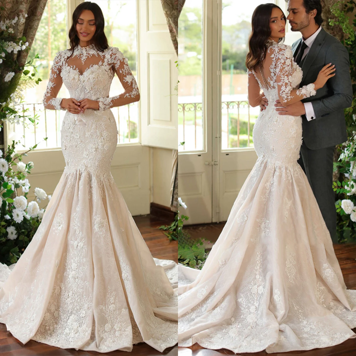

Elegant Mermaid Wedding Dresses For Women Appliques Bridal Gown High Collar Long Sleeves Sweep Train Dress Custom Made