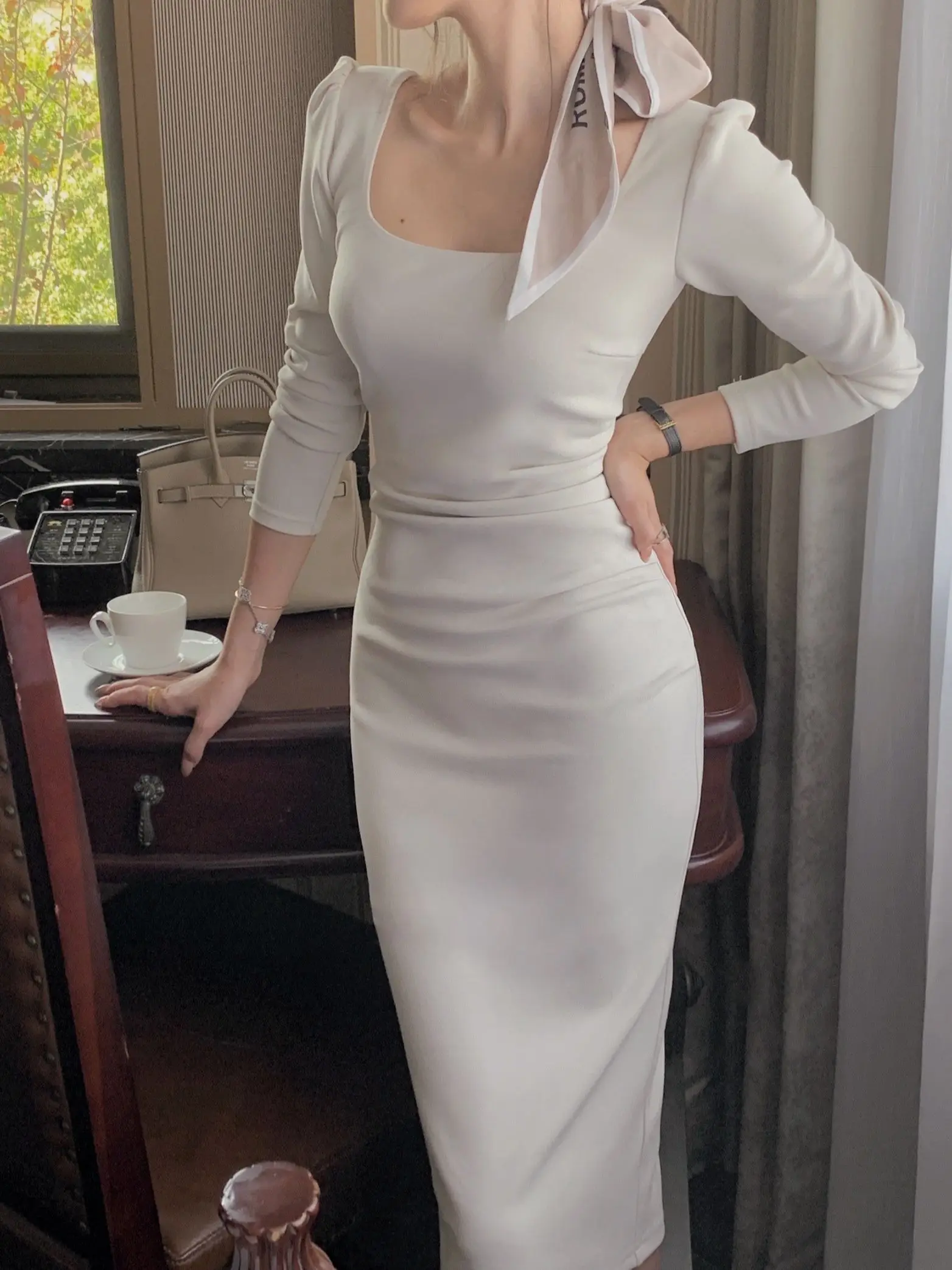 

2024 Spring New Elegant Long Dress Women Solid Slim Bodycon Square Collar Dresses Casual Office Lady One Piece Vestidos Mujer