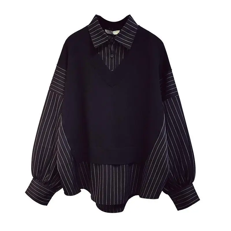 HOUZHOU Balck Striped Women Blouses Harajuku Vintage Fake Two-piece Knitted Oversize White Shirt Basic Female Long Sleeve Korean