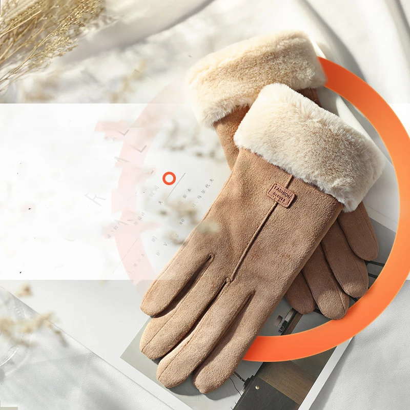 Women's Winter Suede Gloves Fleece Warm Windproof Full Finger Gloves Touchscreen Cold Weather Hiking Outdoor Sport Female Gloves