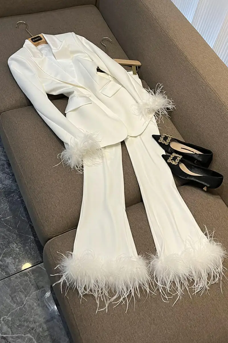 

Stylish Designed Feathers Cuff Lady Office Basic Solid Suit Fitted Notched Blazer Flared Pants Women Satin Patchwork 2Pcs