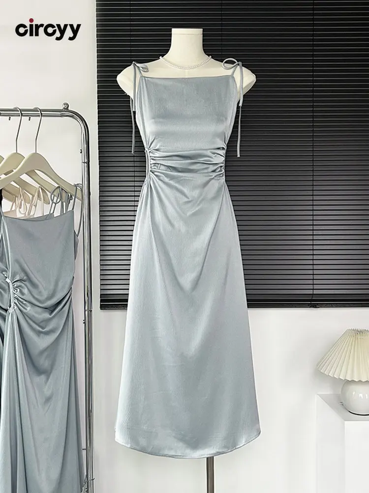 Circyy-Dress-for-Women-Satin-Spaghetti-Strap-Waist-Drawstring-Pleated ...