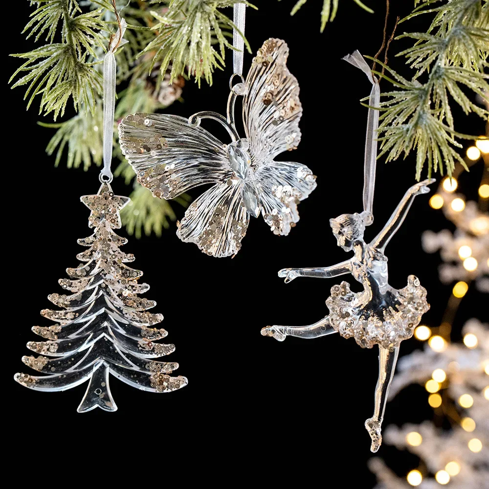 Christmas Decorations Sequined Acrylic Transparent Snowflake Bell Pendant for Christmas Tree