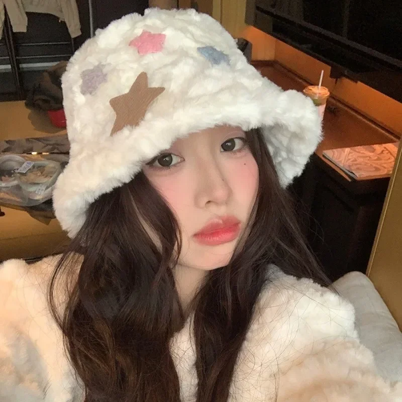 

Korean Version of The New Plush Star Sweet and Cute Fisherman Hat Women Winter Warm Bow Lamb Wool Versatile Dome Bucket Hats