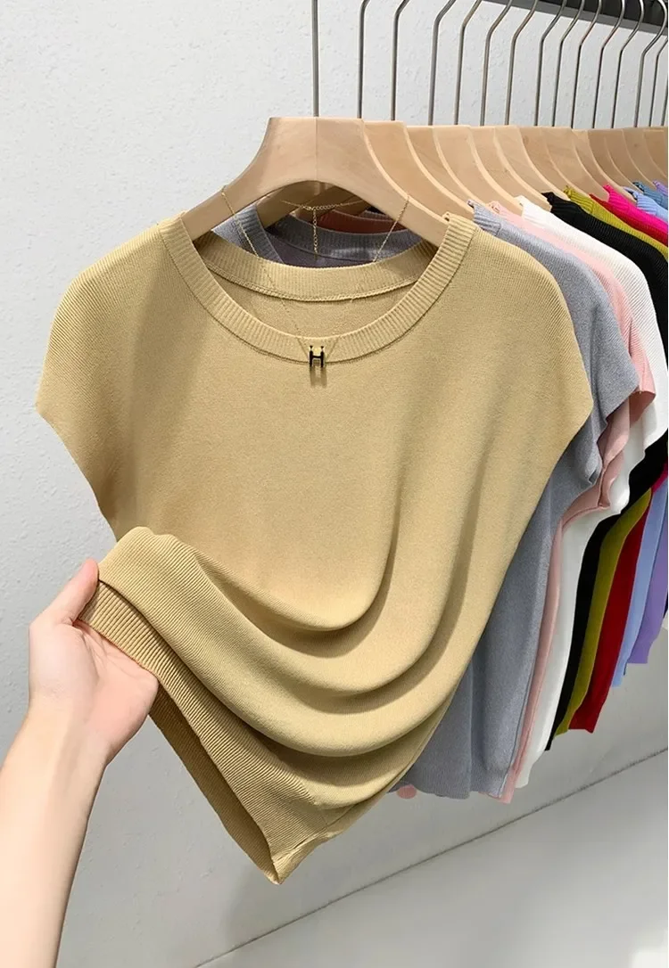 Neue Oansatz Kragen T-shirt Koreanische Eis Seide Stricken Kurzen ärmeln Slim-fit Elastische Feste Innere Bodenbildung Shirt Sexy große Brust T-shirt – Detail 5