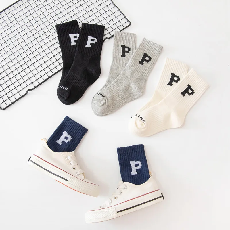 Spring Autumn Kids Boys Girls Sport Socks Fashion Simple Letter P Calf Socks for Children Soft Cotton Breathable Calf Stockings