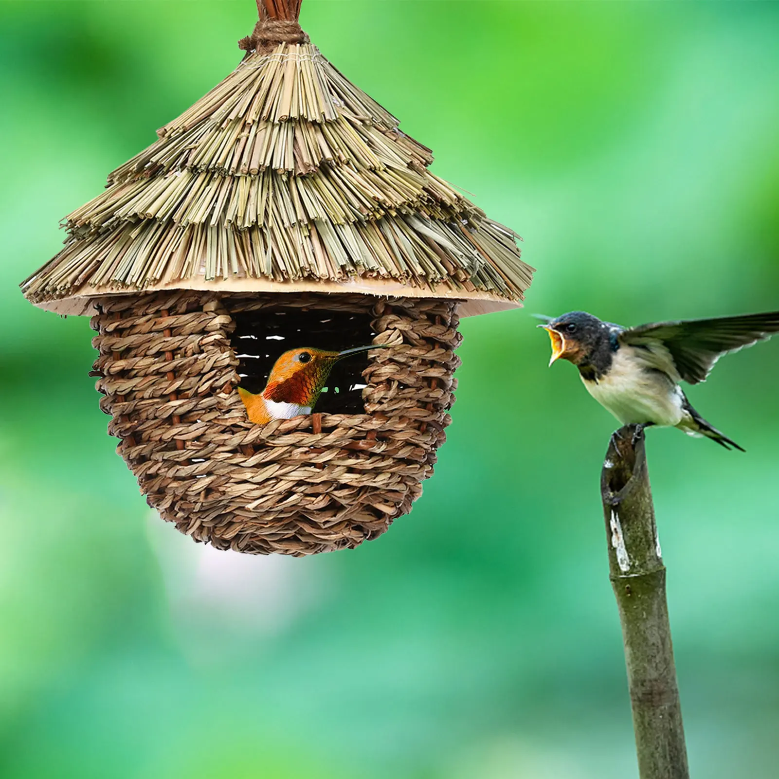 Charming Decorative Hummingbird House Hand-woven Hung Straw Nest Natural Grass Hung Bird For Garden Patio Lawn Office Indoor