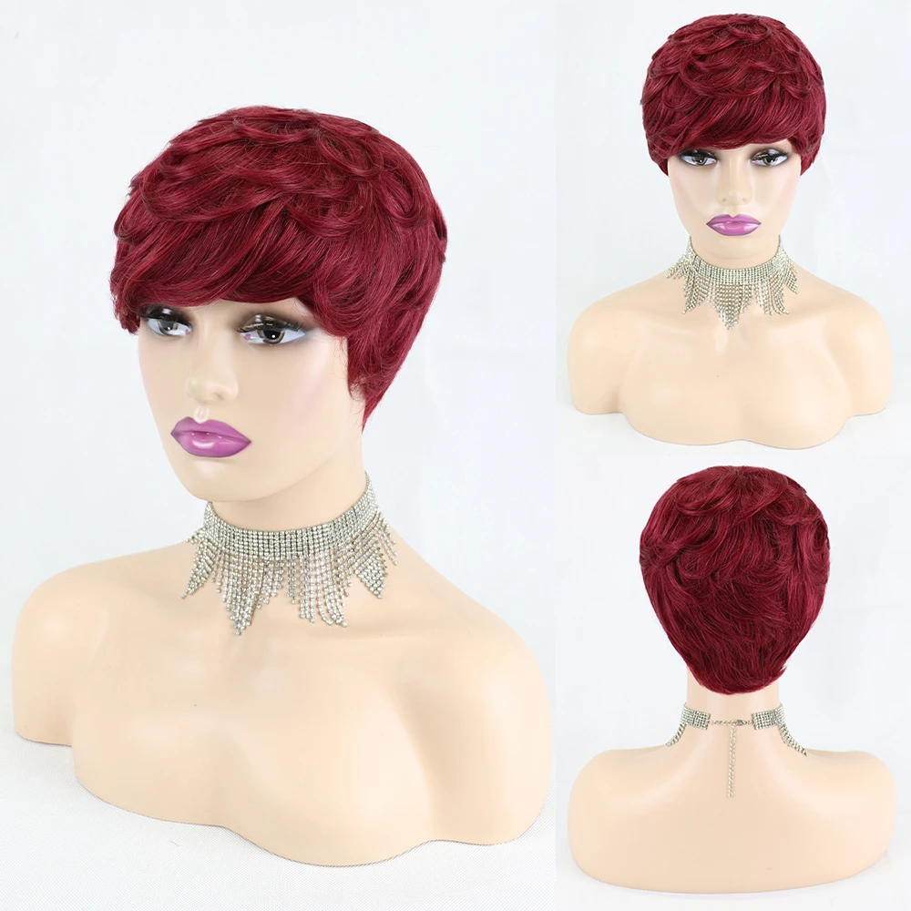 Perucas de Cabelo Brasileiro para Preto Humano Curto Pixie Corte Reto Remy Cabelo Máquina Feita Destaque Cor Barato Glueless Peruca 61 Perucas de cabelo humano curto pixie corte