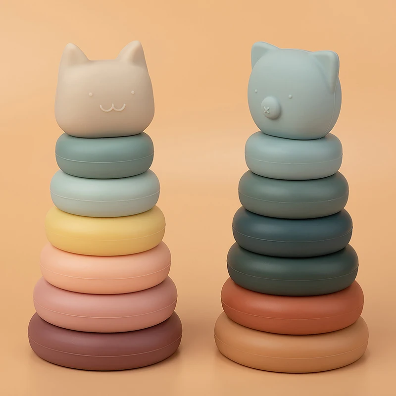 7pcs/set Baby Toy Building Blocks Silicone Stacking Blocks Round Shape Silicone Construction Toy Rubber Teethers Montessori stacking puzzle toys stacking toys
