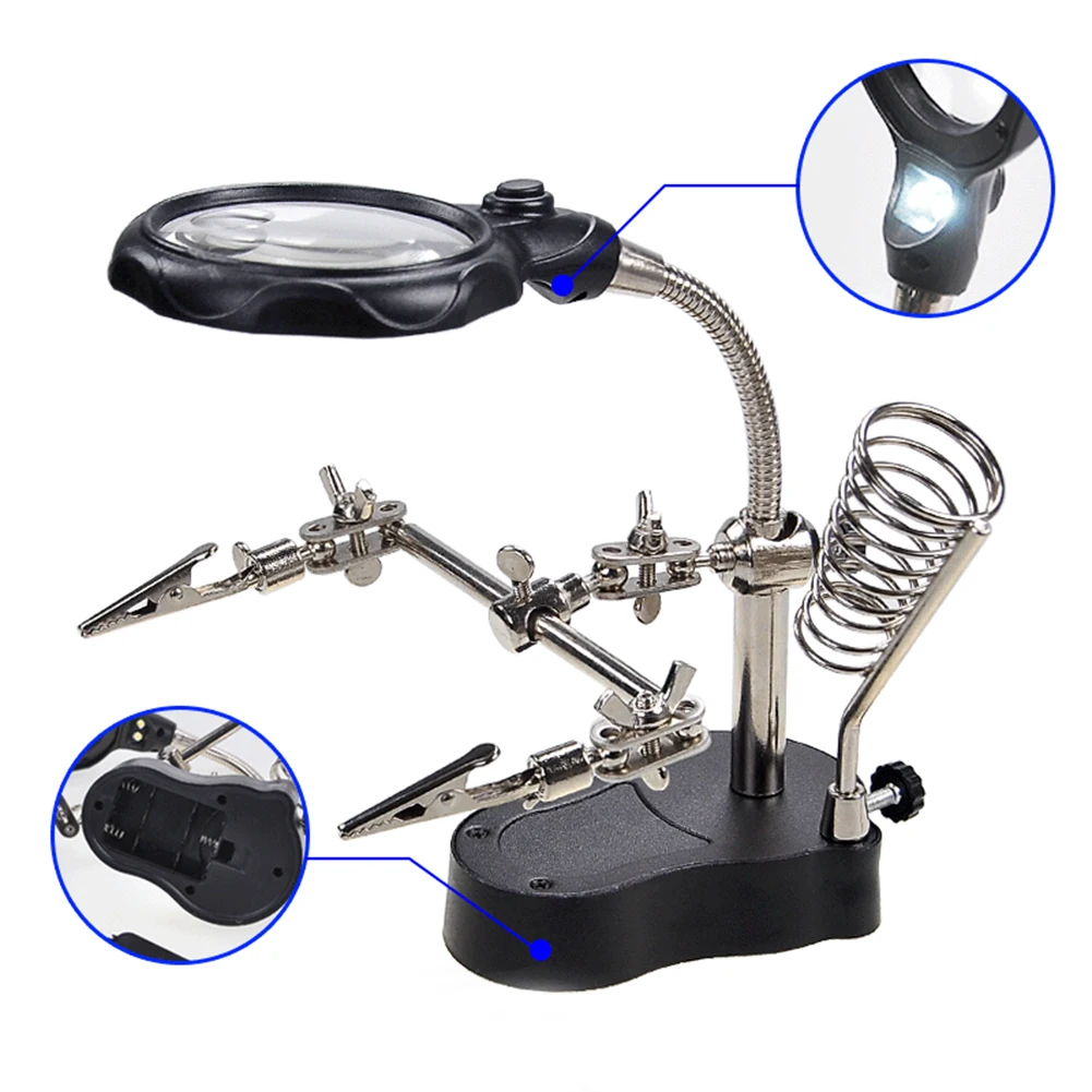 LED Clamp Soldering Iron Stand Magnifying Glass Soldering Repair Magnifier Helping Clamp Vise Clip Tool loupe Crocodile Clip SMD Hands
