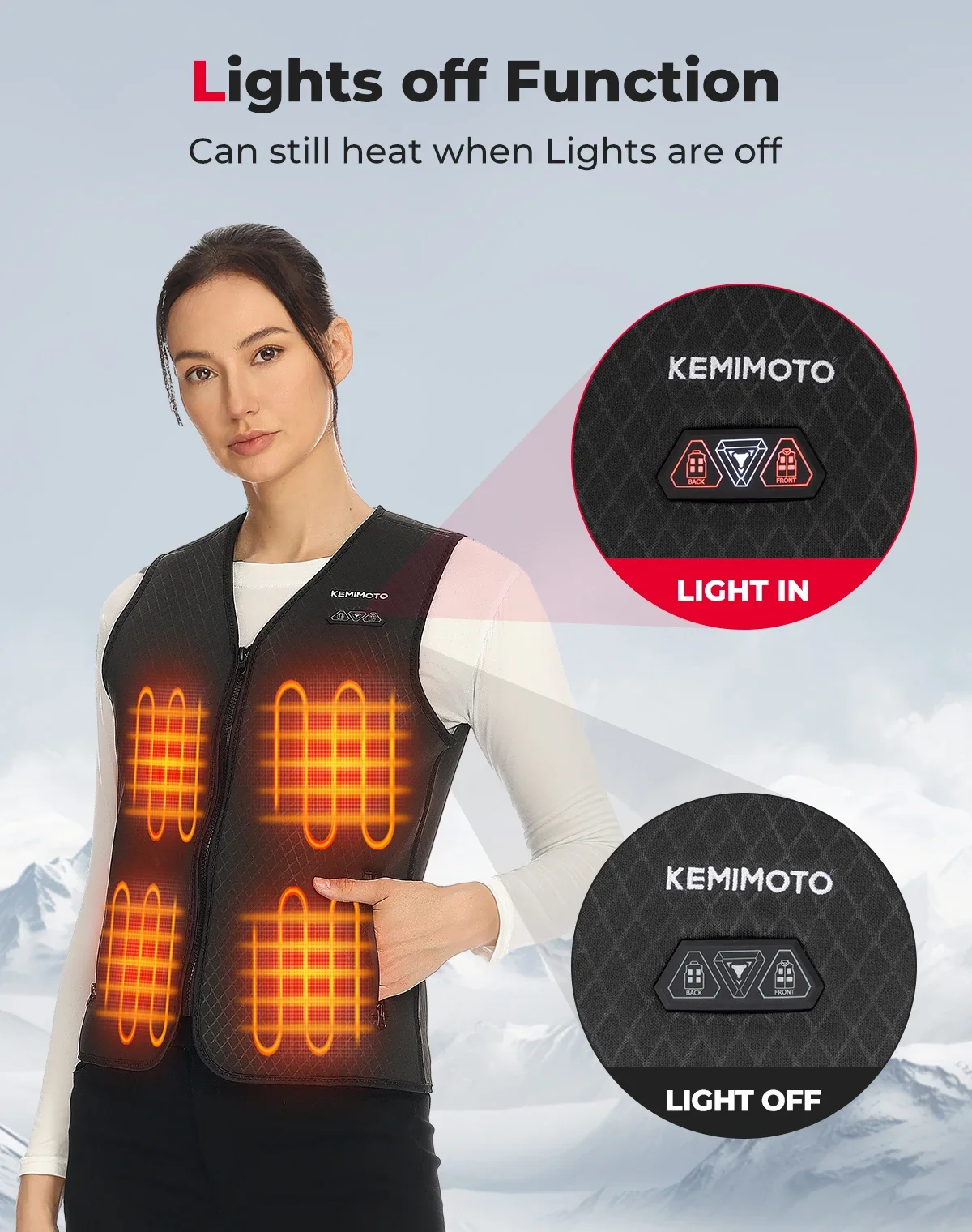 Description Picture 5 of itemKEMIMOTO Heated Vest USB Men Women Heating Jacket Electric Winter Warmer Sports Skiing Hiking Temperature Adjustable Washable