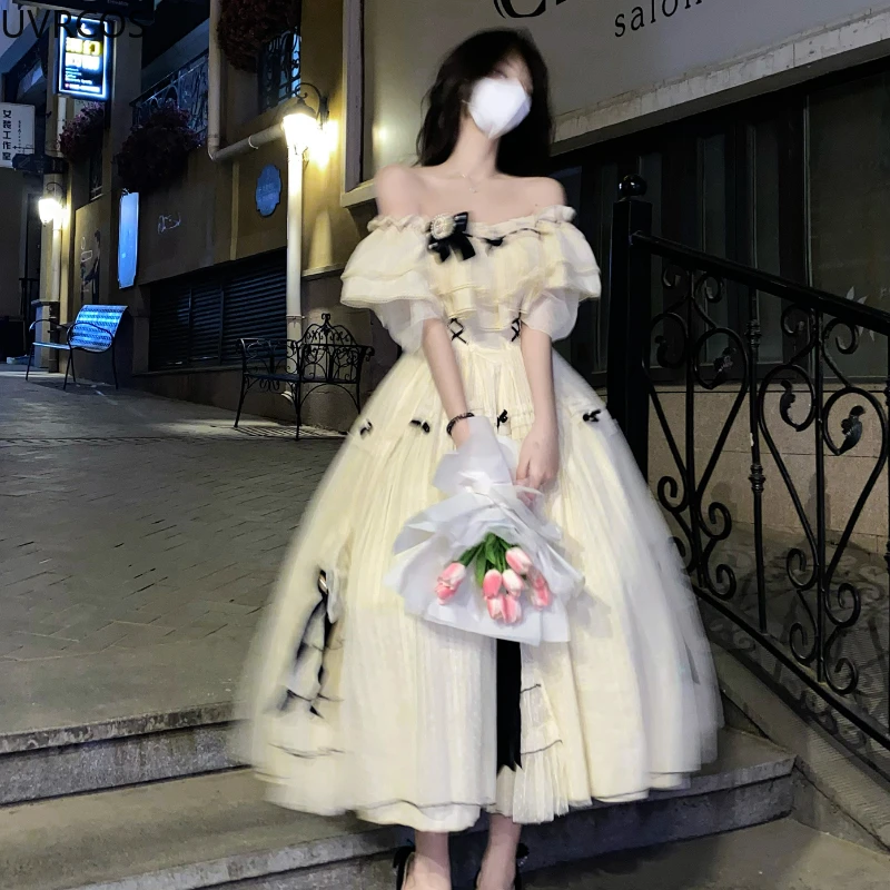 Vintage elegant Lolita dress women sweet bow high waist fairy party summer cosplay costumes French princess dress