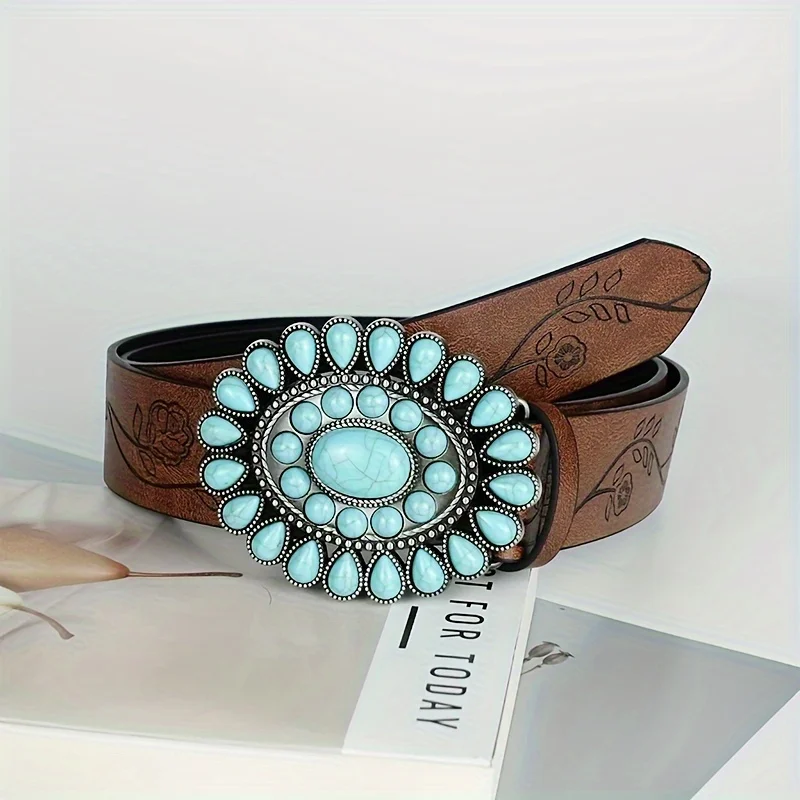 Vtg Brown Leather Cosplay Ornate Flower Stud Waist Belt Size M/L