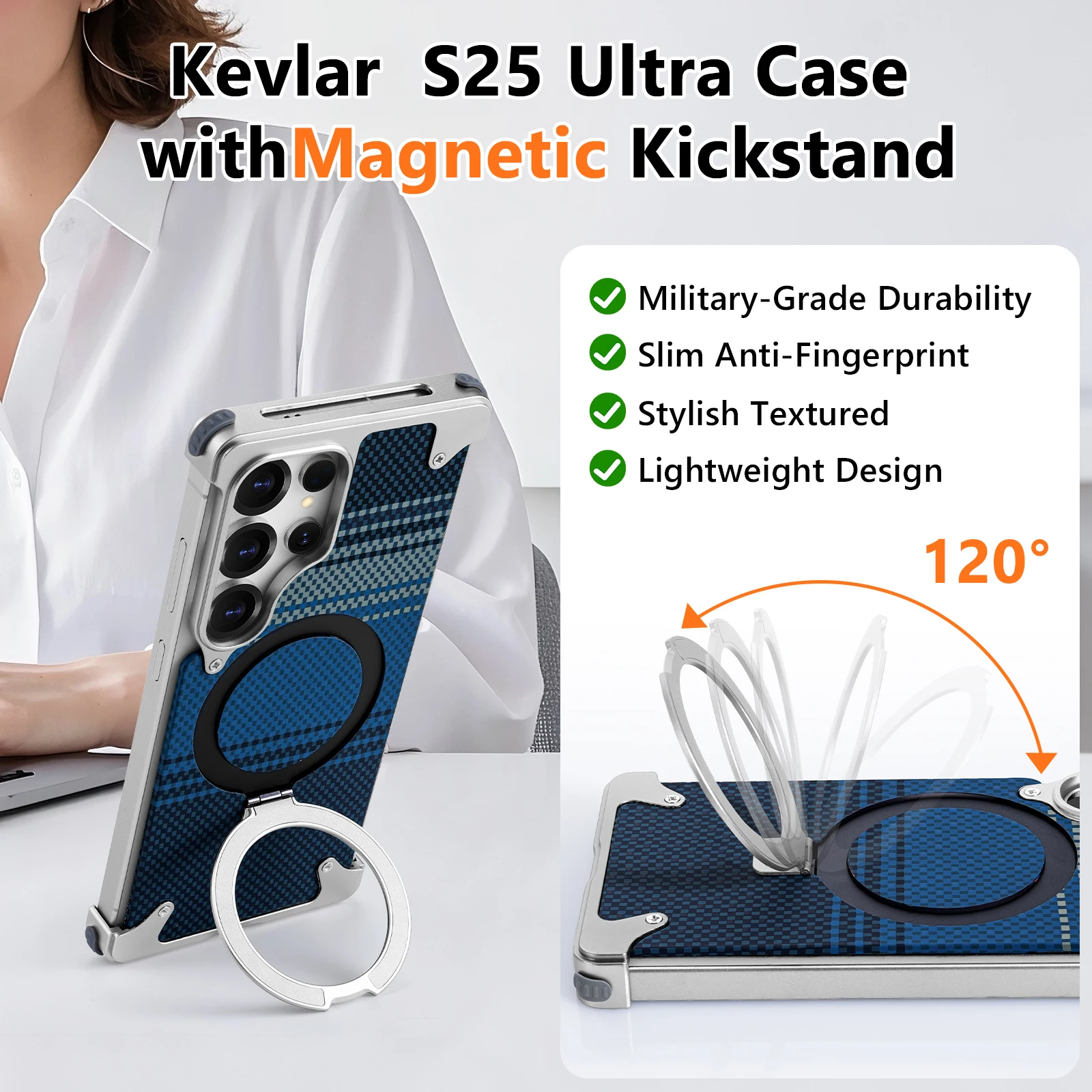 Eary for Samsung Galaxy S25 Ultra Phone Case with Ring Kickstand Kevlar Fiber Texture Cover Shockproof Protector Frameless Shell