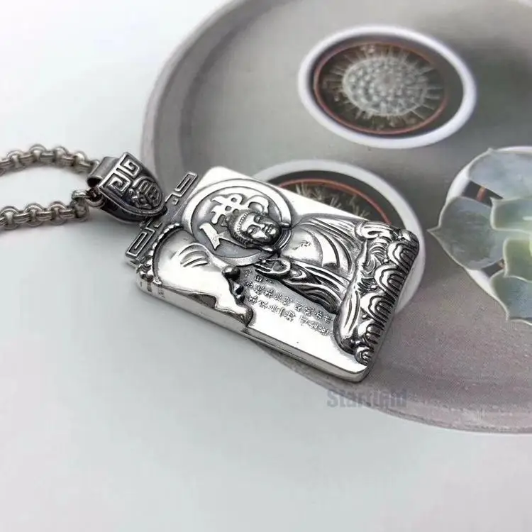 

S925 pure silver pendant male vintage silver pendant personalities mesh temperament Buddha card Buddha pendant