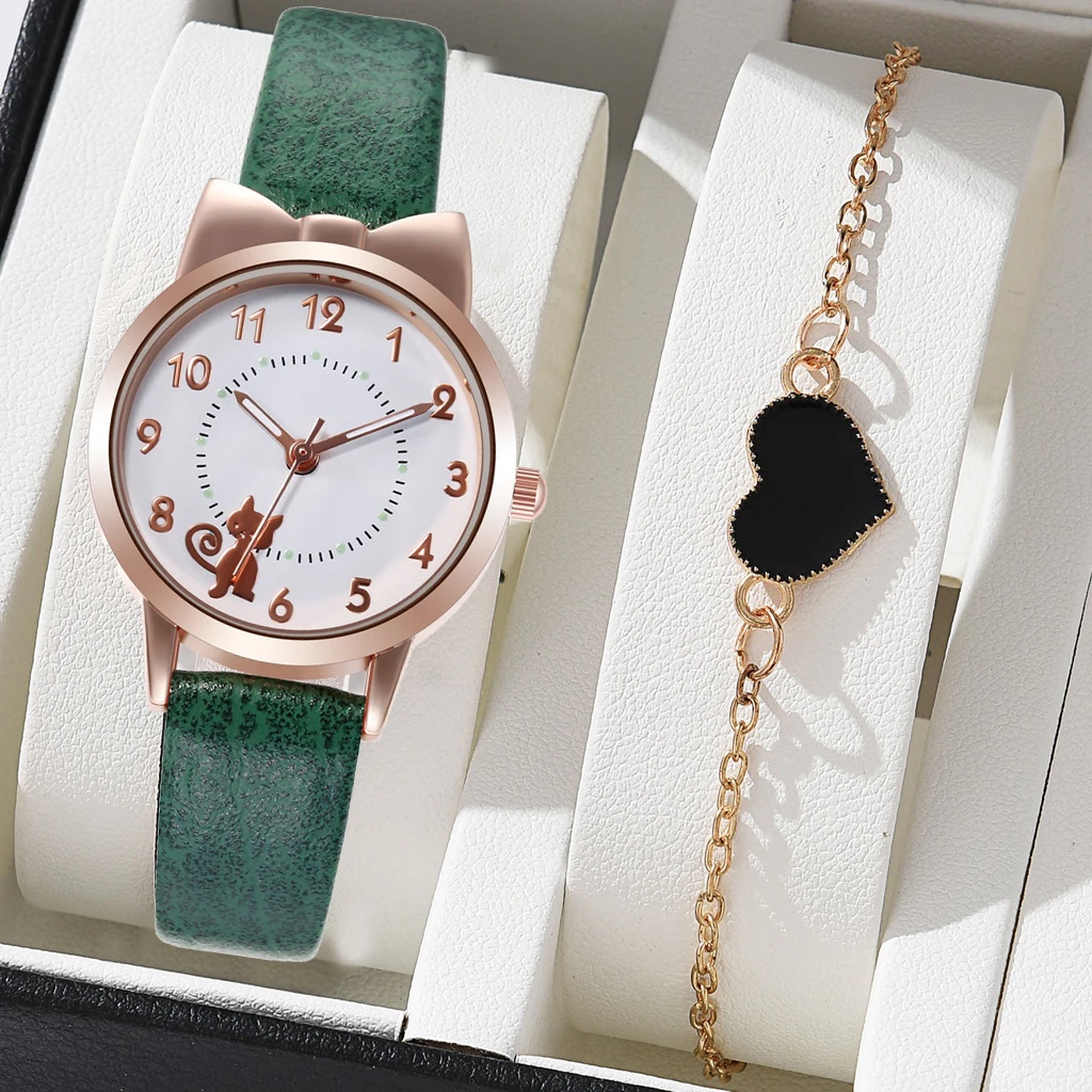 Fashion Women's Quartz Watch PU Leather Strap Student Cute Cartoon Girl WatchesJewlery Set NO BOX 4